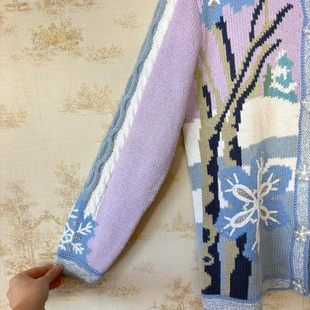 Vintage Storybook Knits purple snowflake Christmas art to wear cardigan sweater - Picture 4 of 8